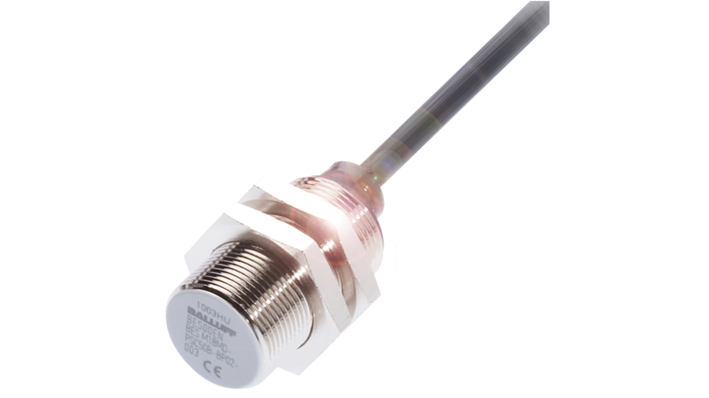 BALLUFF Inductive Barrel-Style Proximity Sensor, M18 x 1, 8 mm Detection, PNP Output, 9.6 → 30 V dc, IP67