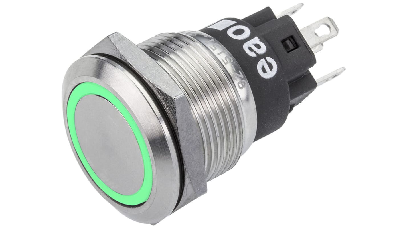 EAO 82 Series Illuminated Push Button Switch, Momentary, Panel Mount, 19mm Cutout, SPDT, Green LED, 240V, IP65, IP67