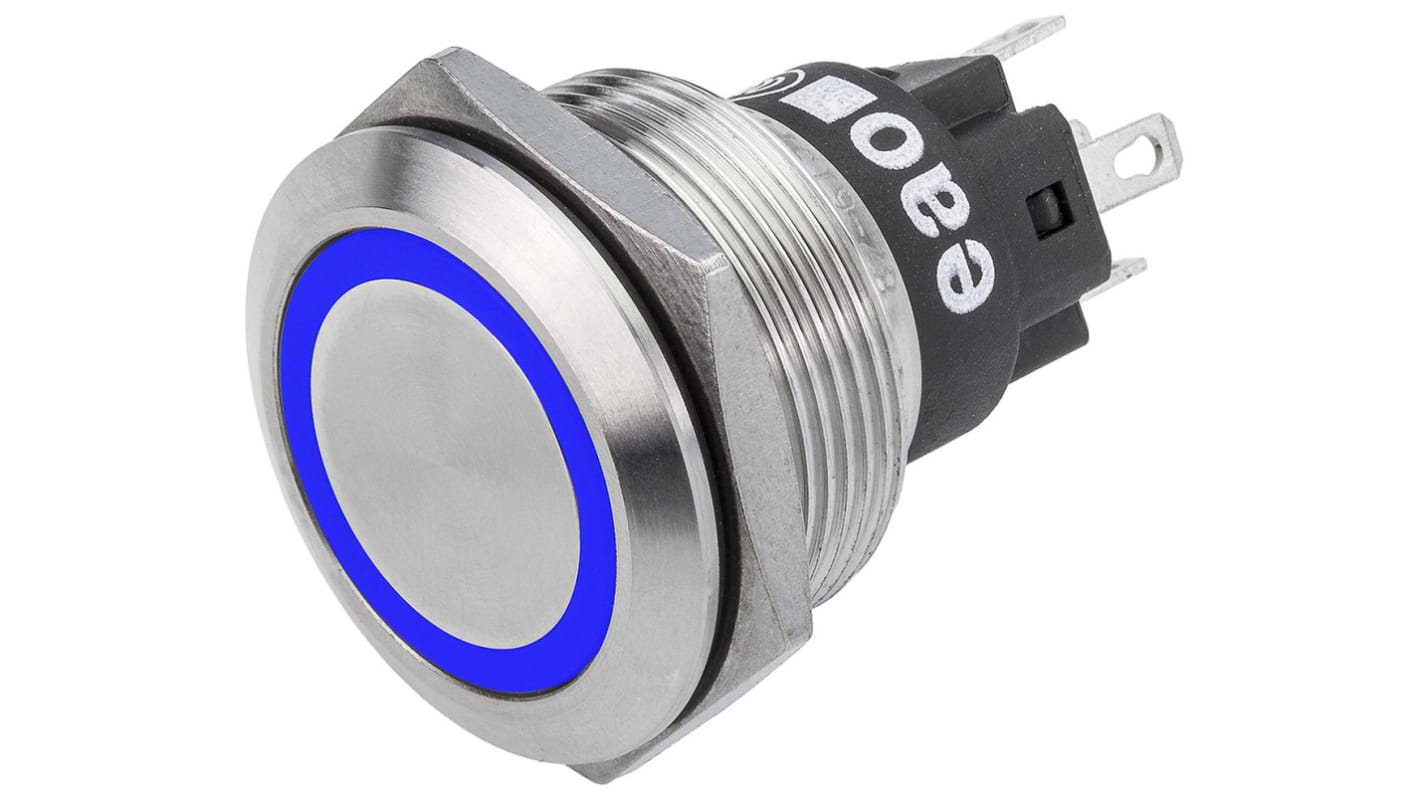 EAO 82 Series Illuminated Push Button Switch, Momentary, Panel Mount, 22.3mm Cutout, SPDT, Blue LED, 240V, IP65, IP67