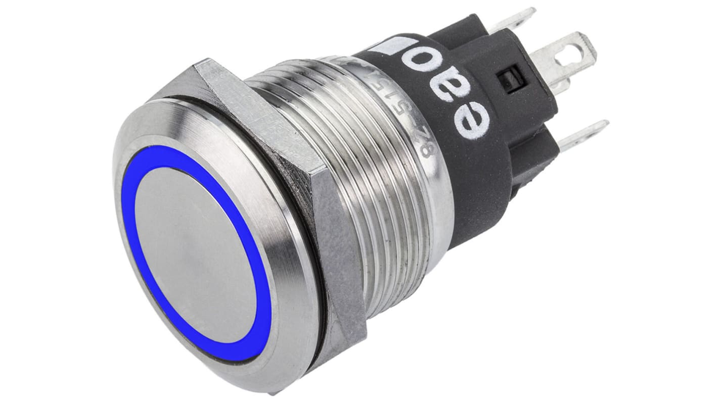 EAO 82 Series Illuminated Push Button Switch, Momentary, Panel Mount, 19mm Cutout, SPDT, Blue LED, 240V, IP65, IP67