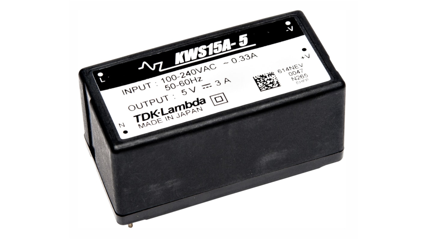 TDK-Lambda Switching Power Supply, KWS15A-12, 12V dc, 1.3A, 15.6W, 1 Output, 120 → 370 V dc, 85 → 265 V