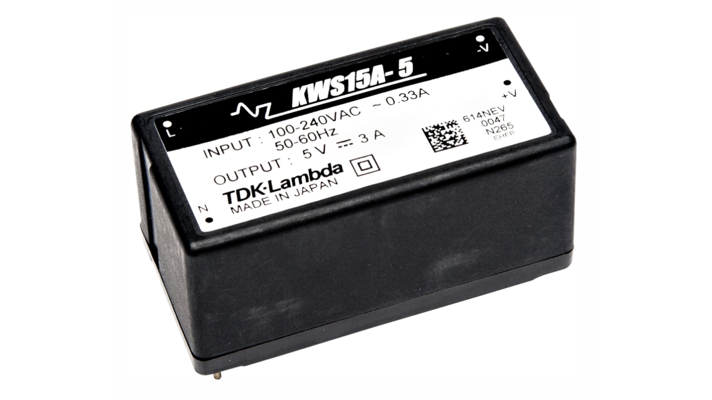 TDK-Lambda Switching Power Supply, KWS15A-15, 15V dc, 1A, 15W, 1 Output, 120 → 370 V dc, 85 → 265 V ac