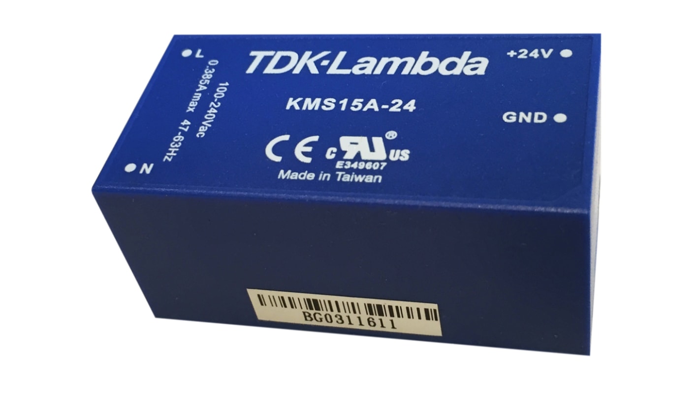 TDK-Lambda Switching Power Supply, KMS15A-15, 15V dc, 1A, 15W, 1 Output, 120 → 370 V dc, 90 → 264 V ac