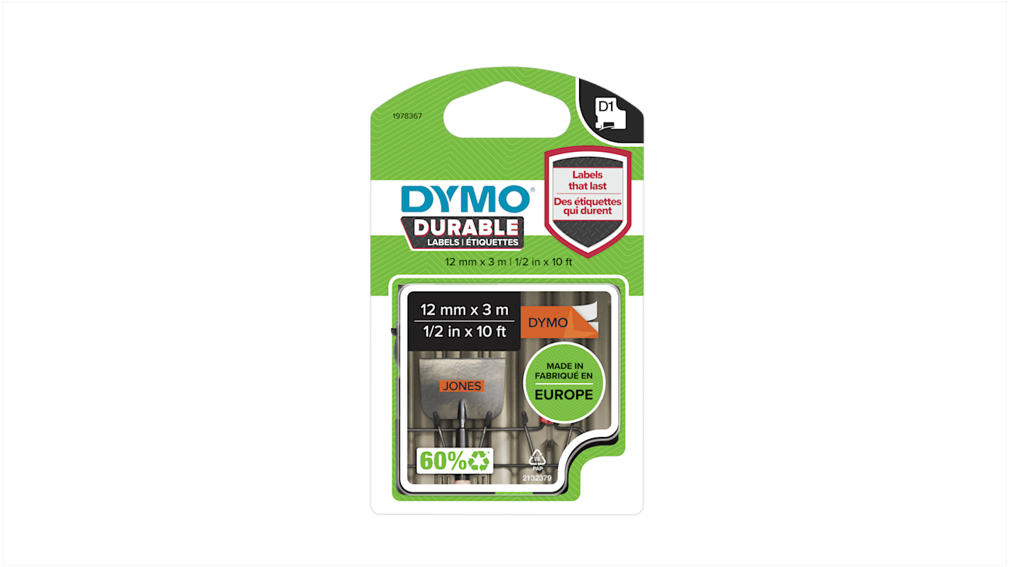 Cinta para impresora de etiquetas Dymo, color Negro sobre fondo Naranja, 1 Roll, para usar con Dymo 160, Dymo 210D,