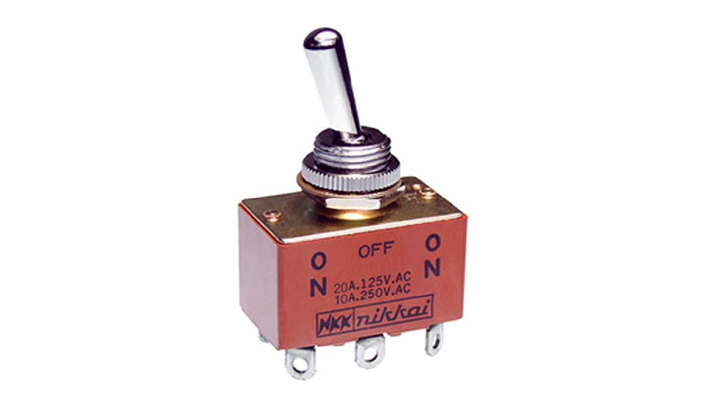 NKK Switches Toggle Switch, Panel Mount, On-Off-On, DPDT, Solder Terminal, 30 V dc, 250V ac