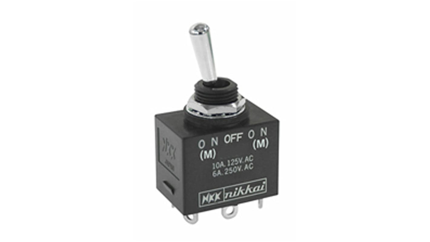 NKK Switches Toggle Switch, Panel Mount, (On)-Off-(On), DPDT, Solder Terminal, 30 V dc, 250 V ac