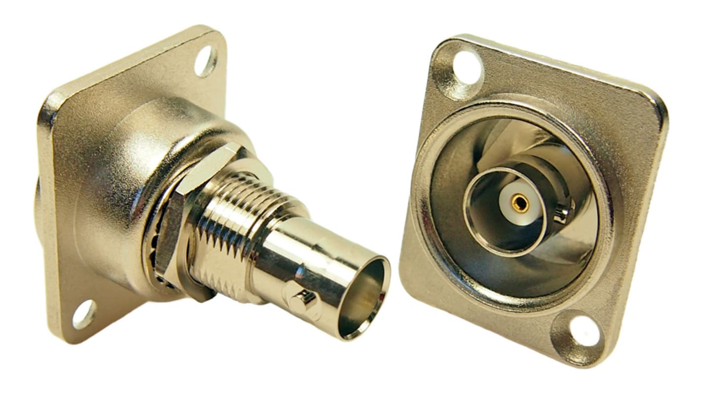 Conector coaxial RS PRO, Hembra, Recto, Impedancia 50Ω, Montaje trasero, Terminación de Enchufable, Zinc/Níquel