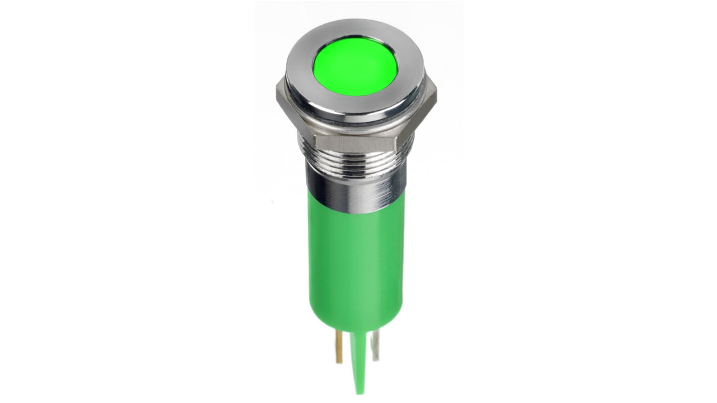 RS PRO Green Panel Mount Indicator, 12V dc, 12mm Mounting Hole Size, Faston, Solder Lug Termination, IP67