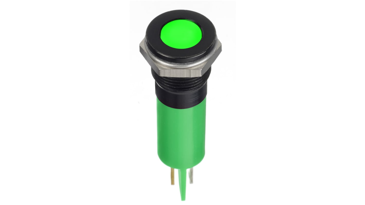 RS PRO Green Panel Mount Indicator, 12V dc, 12mm Mounting Hole Size, Faston, Solder Lug Termination, IP67