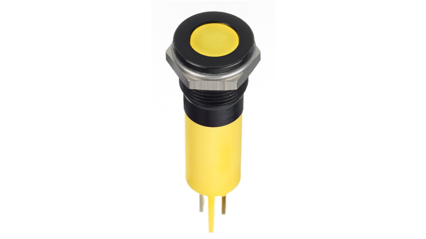 RS PRO Yellow Panel Mount Indicator, 12V dc, 12mm Mounting Hole Size, Faston, Solder Lug Termination, IP67