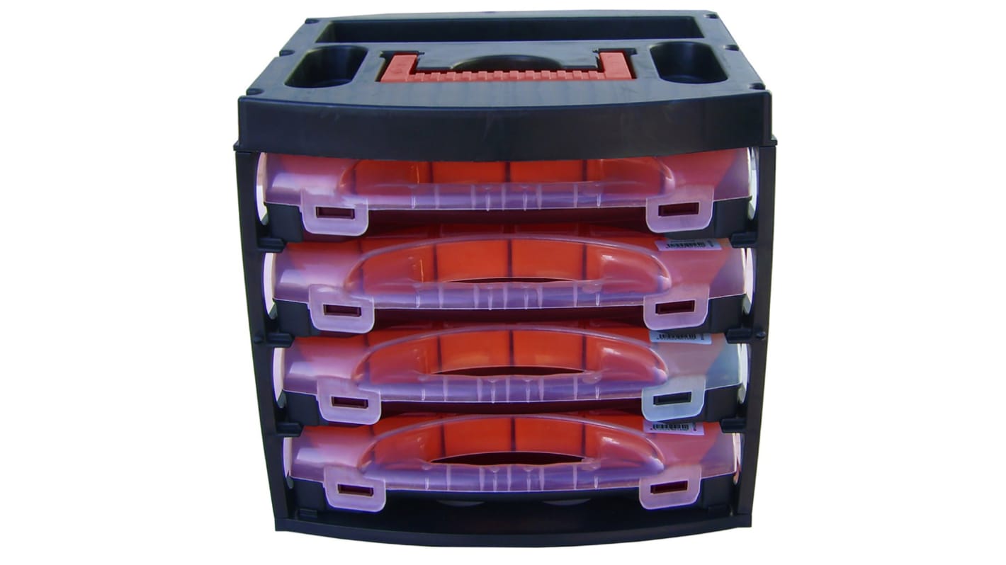 RS PRO 64 Cell Black, Red, Transparent Polypropylene, Adjustable Compartment Box, 300mm x 280mm x 320mm