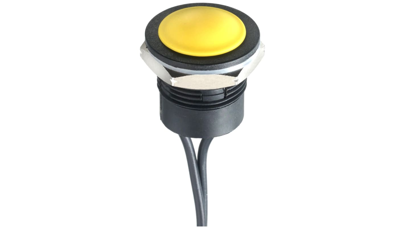 Interruptor de Botón Pulsador APEM, color de botón Amarillo, SPST, acción momentánea, 2 A, 24V dc, Montaje en Panel,