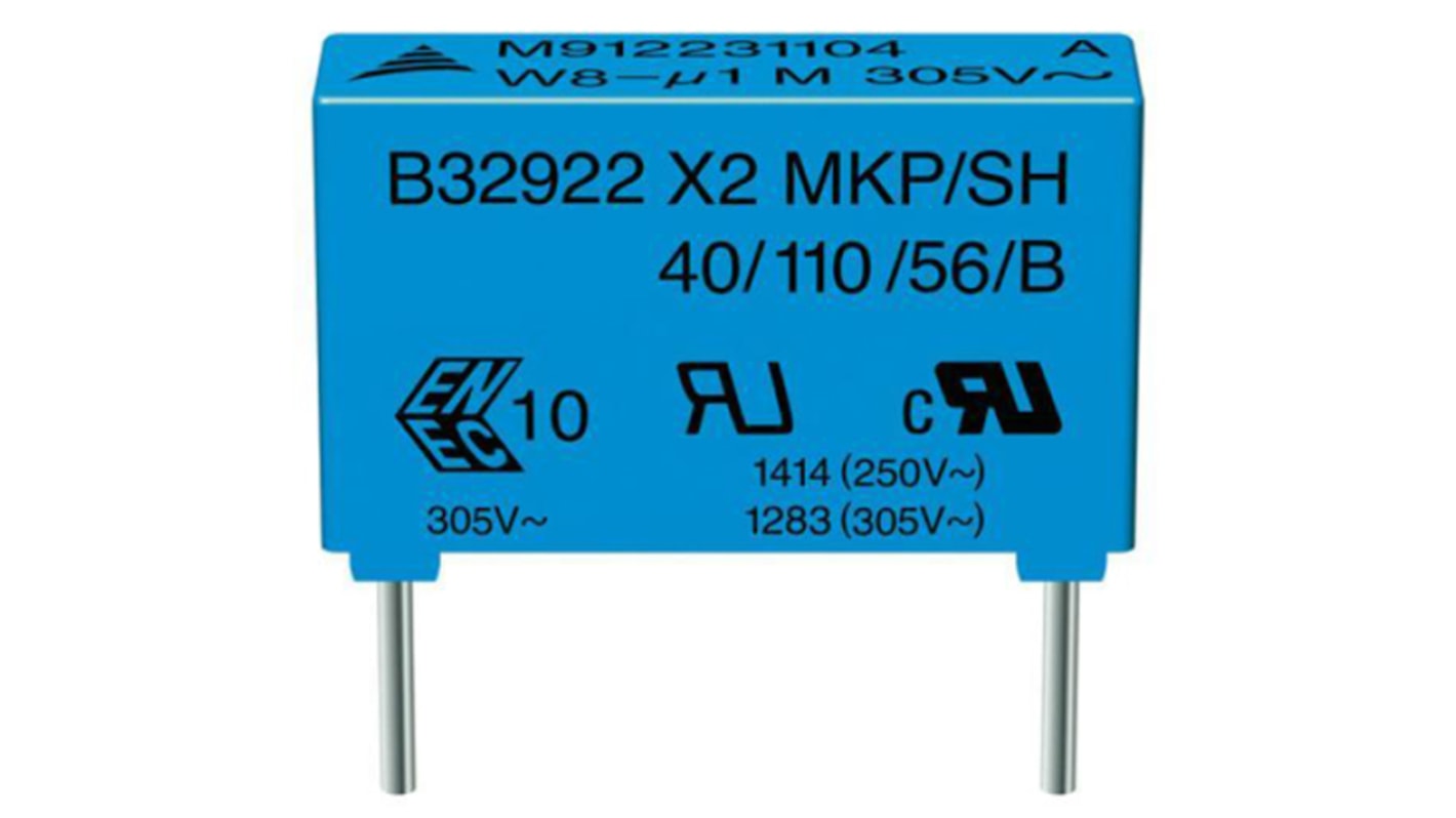 Condensador de polipropileno PP EPCOS, 330nF, ±10%, 305 V ac, 630 V dc, Montaje en orificio pasante