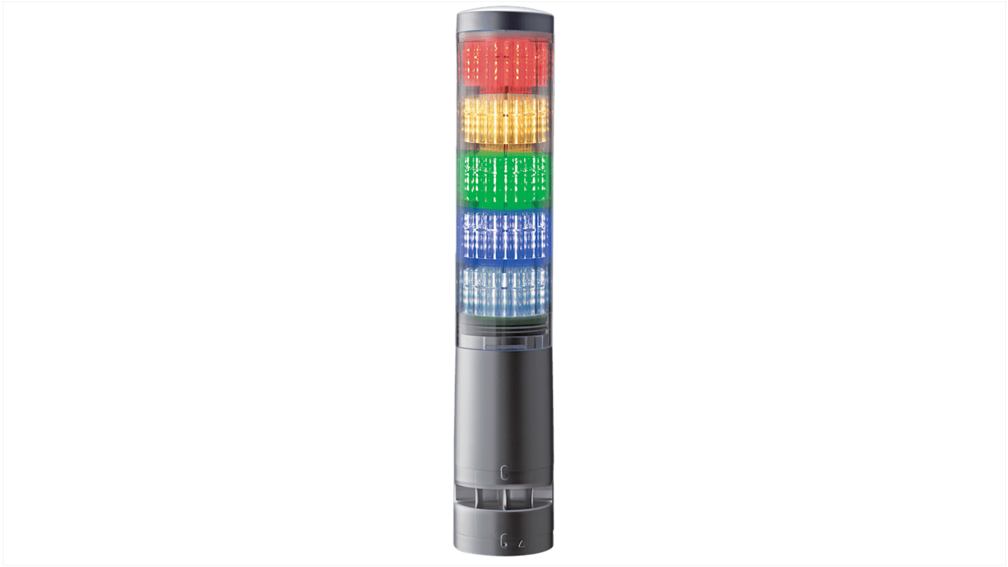 Jeladó torony RGB LED, 5 világító elemmel berregővel, Átlátszó, 24 V DC RGB többszínű, LA6 sorozat