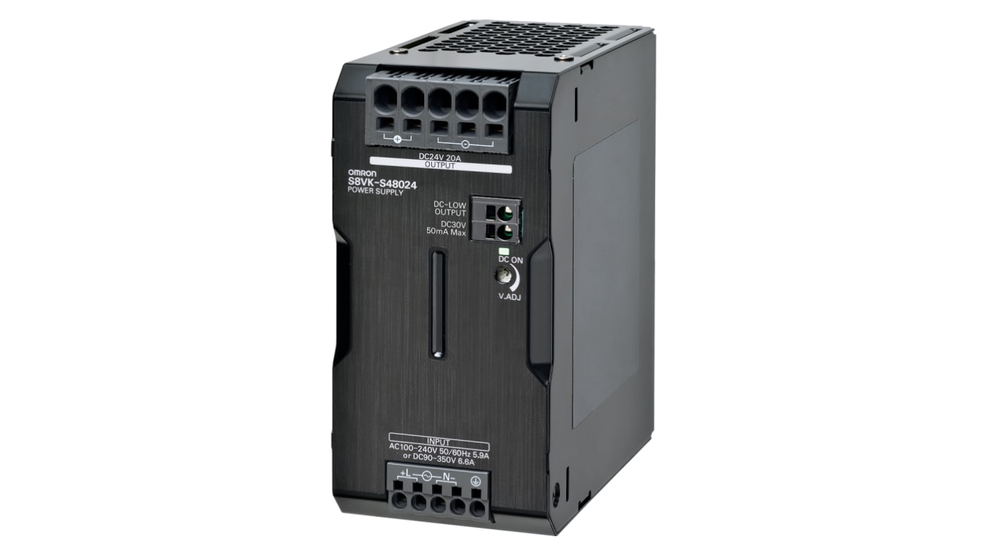 Omron DINレール取付け用スイッチング電源, S8VK-S48024, 出力：20A, 定格：480W 入力電圧：ac, dc 出力電圧：dc 24V dc/