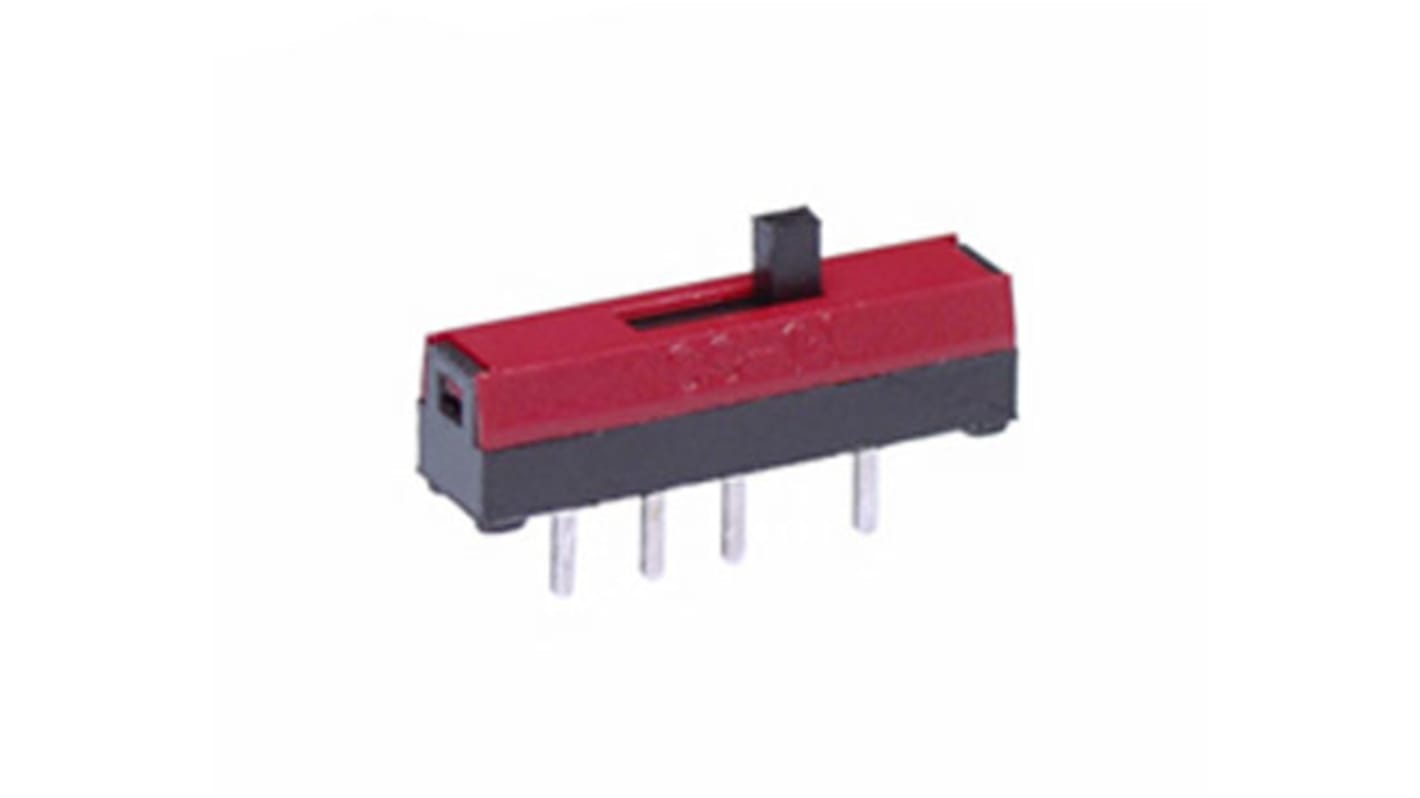 Interruptor de actuador deslizante, On-On-On, 100 mA, actuador superior, Montaje en PCB