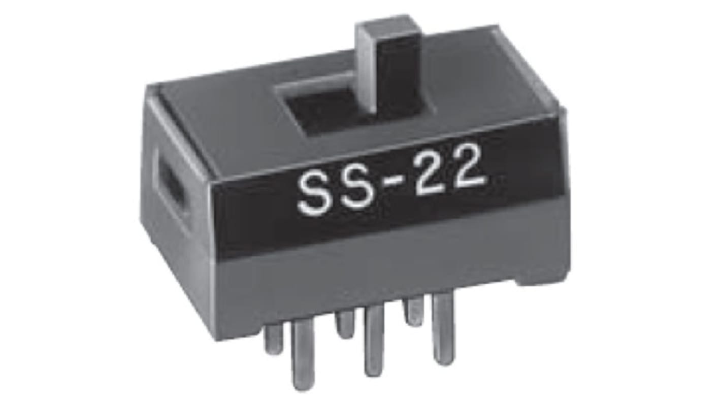 Przełącznik suwakowy, DPDT, montaż PCB, 28V ac/dc, 100 mA, -15 → +60°C, NKK Switches