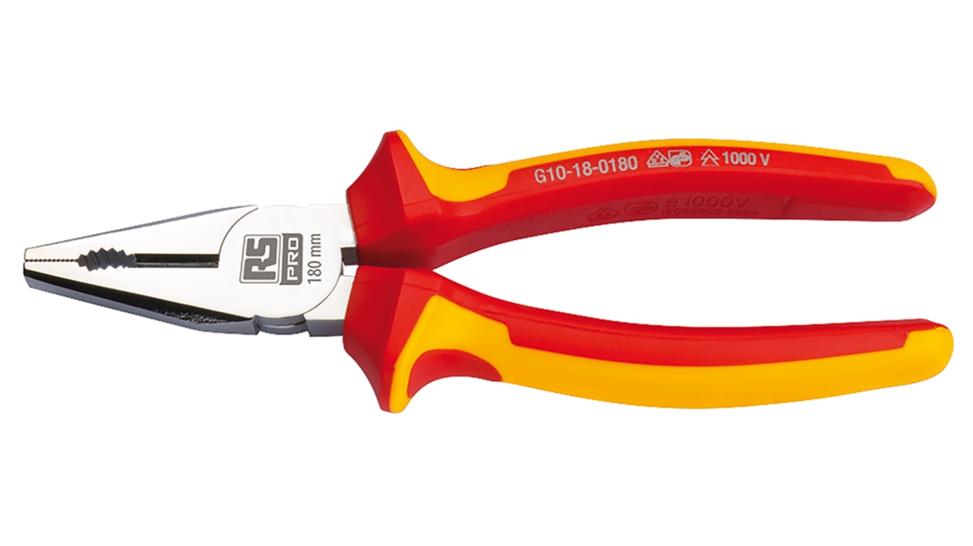 RS PRO Combination Pliers, 180 mm Overall, Straight Tip, VDE/1000V, 29mm Jaw