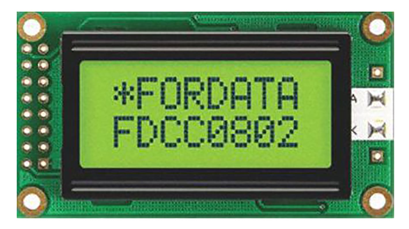 Fordata FC0802B00-FHYYBW-51SE FC Alphanumeric LCD Alphanumeric Display, Green, Yellow on Yellow-Green, 2 Rows by 8