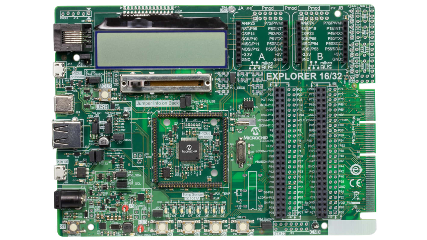 Placa de desarrollo Explorer 16/32 de Microchip, con núcleo PIC16/32