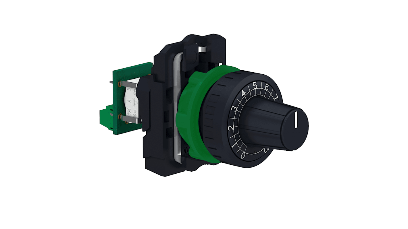 Schneider Electric XB5AD912R10K 1 modul Cermet, Dreje Potentiometer, 6 mm aksel, Panelmontering, 10kΩ, ±10%, 1W Lineær