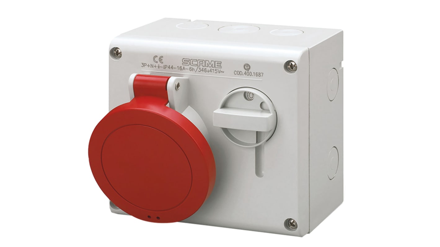 Connecteur Industriel Femelle 3P+E commutable Rouge IP44,400 V,32A Droit