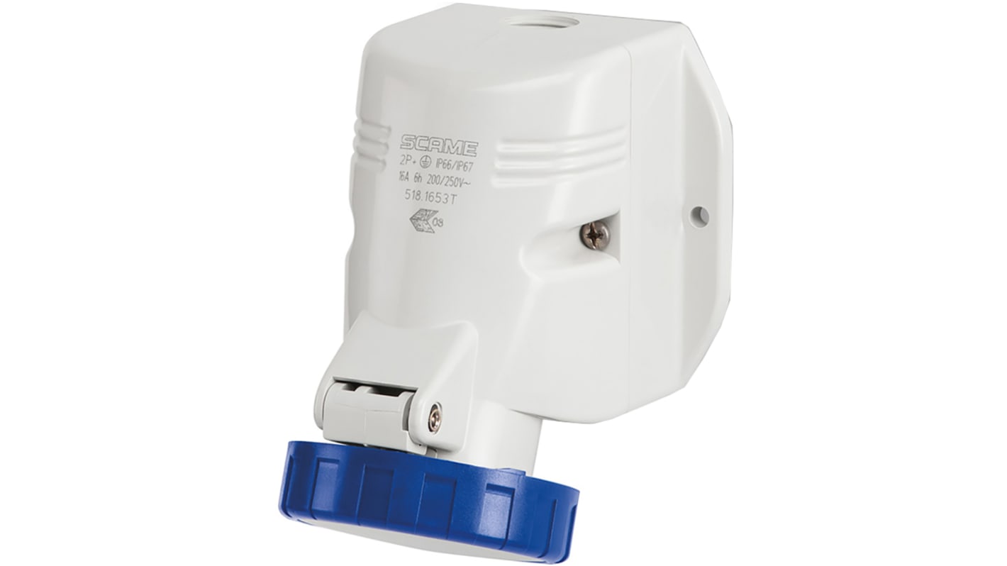 Conector de potencia industrial Hembra, Formato 2P + E, Orientación Recto, Azul, 230 V, 64A, IP44