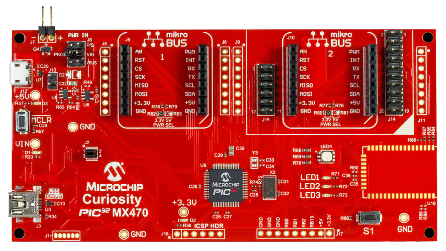 Placa de desarrollo Curiosity PIC32MX470 de Microchip, con núcleo MIPS32