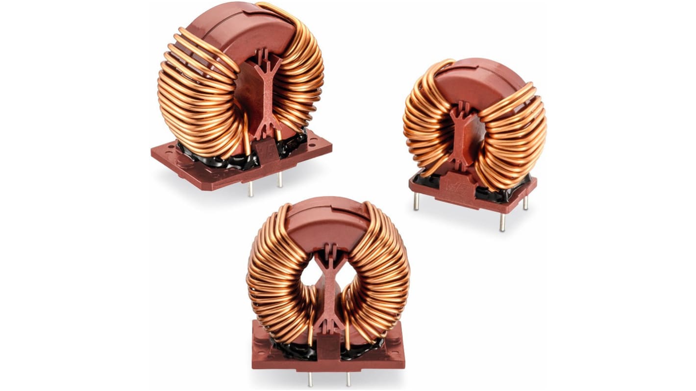 Inductores de modo común Wurth Elektronik, 2 x 5.5mΩ, 46.5 x 28 x 44.5mm, 20,5 A Montaje en orificio pasante, -40°C