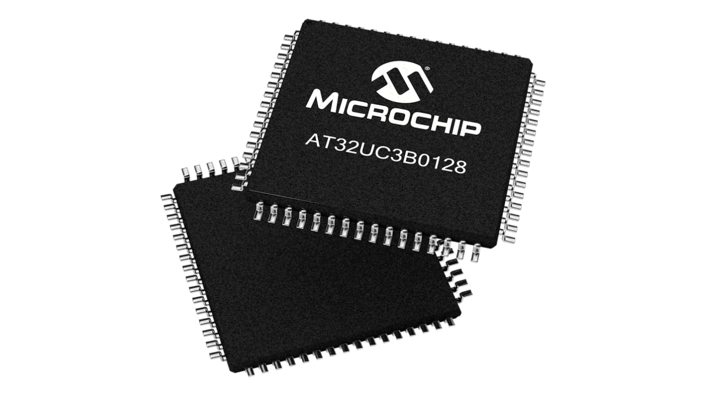 Microcontrolador Microchip AT32UC3B0128-A2UT, núcleo AVR32 de 32bit, RAM 32 kB, 60MHZ, TQFP de 64 pines