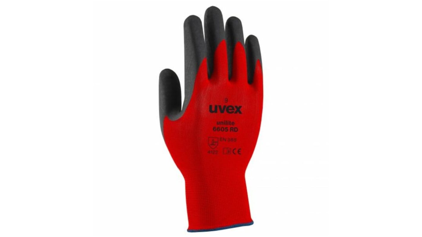 Guantes de trabajo de Poliamida Rojo Uvex serie Unilite 6605 RD, talla 8, M, con recubrimiento de NBR, Uso general