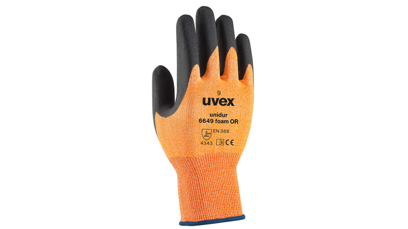 Uvex Unidur 6649 foam OR Orange HPPE Cut Resistant Work Gloves, Size 7, Nitrile Foam Coating