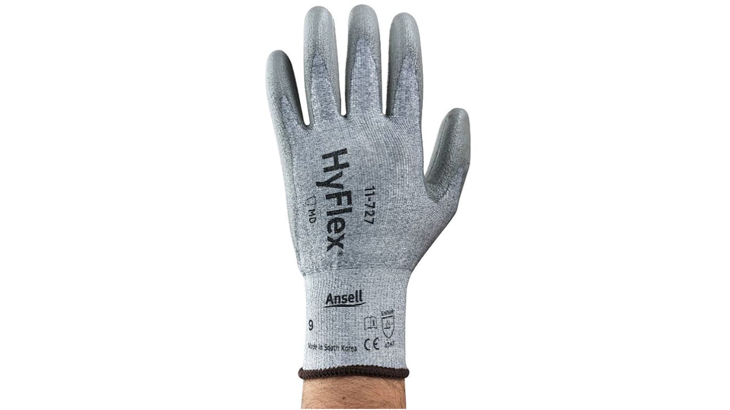 Ansell HyFlex Grey Yarn Cut Resistant Gloves, Size 10, Large, Polyurethane Coating