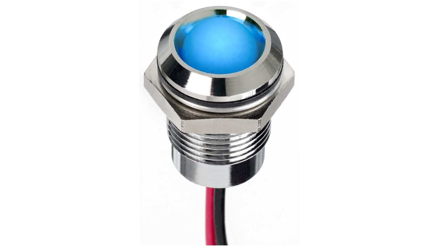 RS PRO Blue Panel Mount Indicator, 1.8 → 3.3V dc, 14mm Mounting Hole Size, Lead Wires Termination, IP67