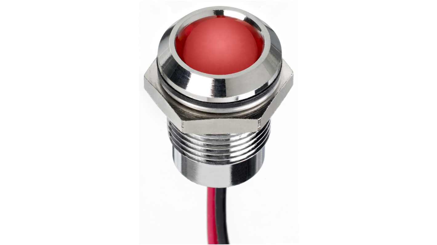 RS PRO Red Panel Mount Indicator, 12V dc, 14mm Mounting Hole Size, Lead Wires Termination, IP67