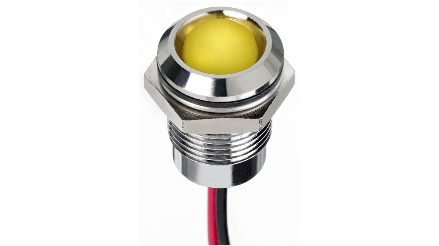 Indicador LED RS PRO, Amarillo, lente prominente, marco Cromo, Ø montaje 14mm, 12V dc, 20mA, 1300mcd, IP67