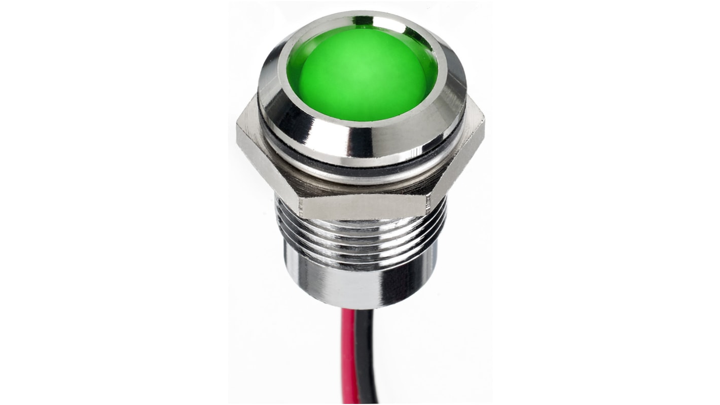 RS PRO Green Panel Mount Indicator, 220V ac, 14mm Mounting Hole Size, Lead Wires Termination, IP67