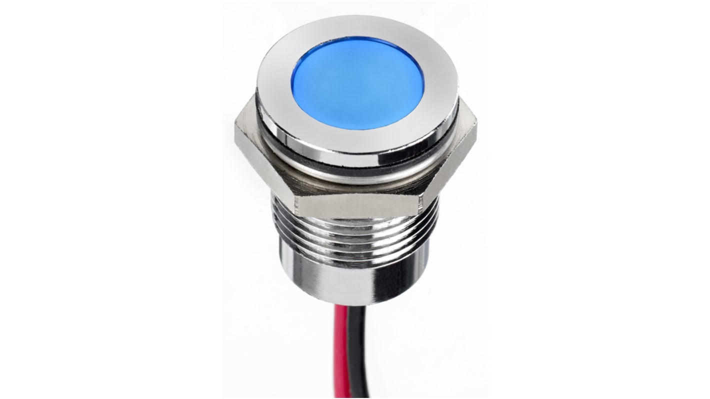 Indicador LED RS PRO, Azul, lente enrasada, marco Cromo, Ø montaje 14mm, 1.8 → 3.3V dc, 20mA, 100mcd, IP67