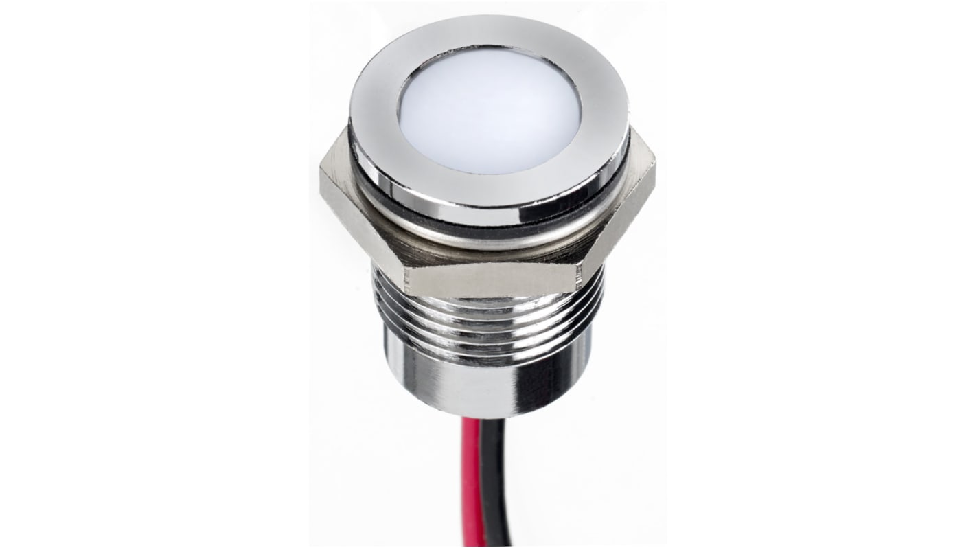 RS PRO White Panel Mount Indicator, 1.8 → 3.3V dc, 14mm Mounting Hole Size, Lead Wires Termination, IP67