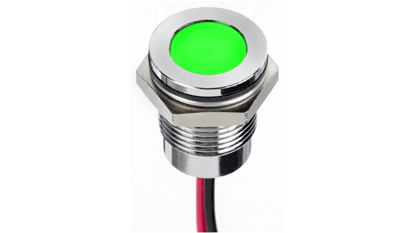 RS PRO Green Panel Mount Indicator, 24V dc, 14mm Mounting Hole Size, Lead Wires Termination, IP67