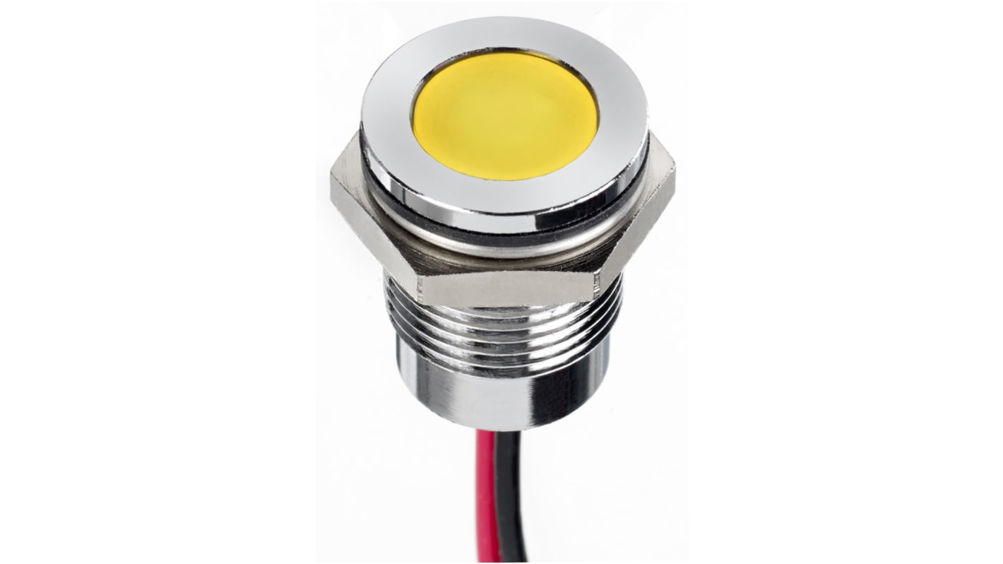 RS PRO Yellow Panel Mount Indicator, 24V dc, 14mm Mounting Hole Size, Lead Wires Termination, IP67