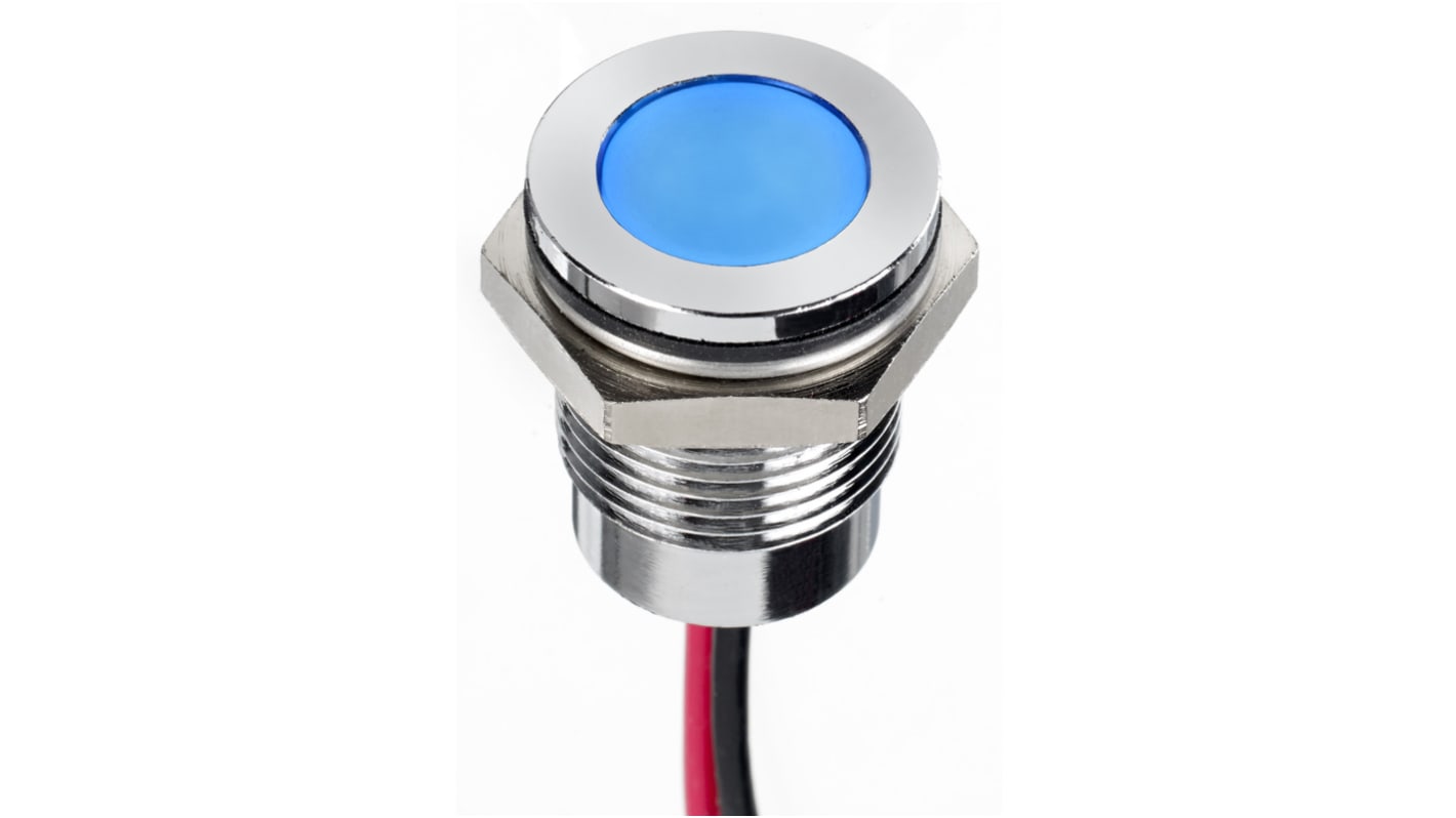 RS PRO Blue Panel Mount Indicator, 24V dc, 14mm Mounting Hole Size, Lead Wires Termination, IP67