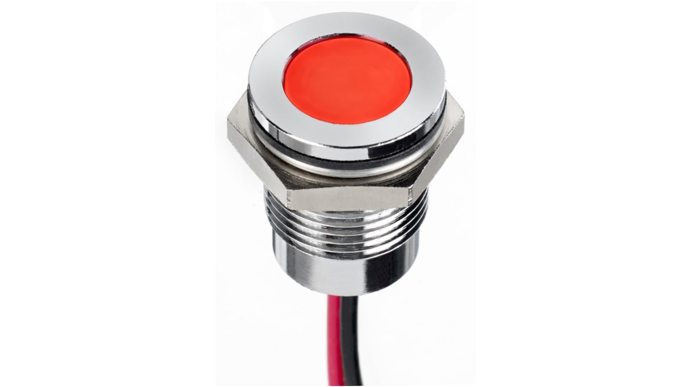 RS PRO Red Panel Mount Indicator, 110V ac, 14mm Mounting Hole Size, Lead Wires Termination, IP67