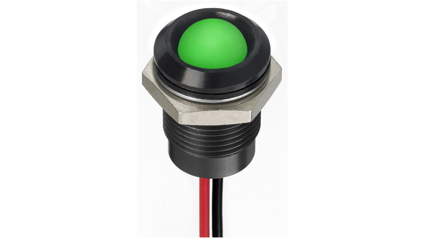 RS PRO Green Panel Mount Indicator, 1.8 → 3.3V dc, 14mm Mounting Hole Size, Lead Wires Termination, IP67