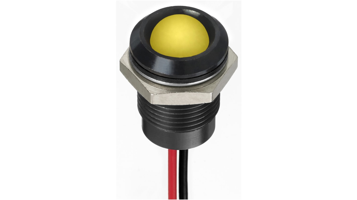 RS PRO Yellow Panel Mount Indicator, 1.8 → 3.3V dc, 14mm Mounting Hole Size, Lead Wires Termination, IP67