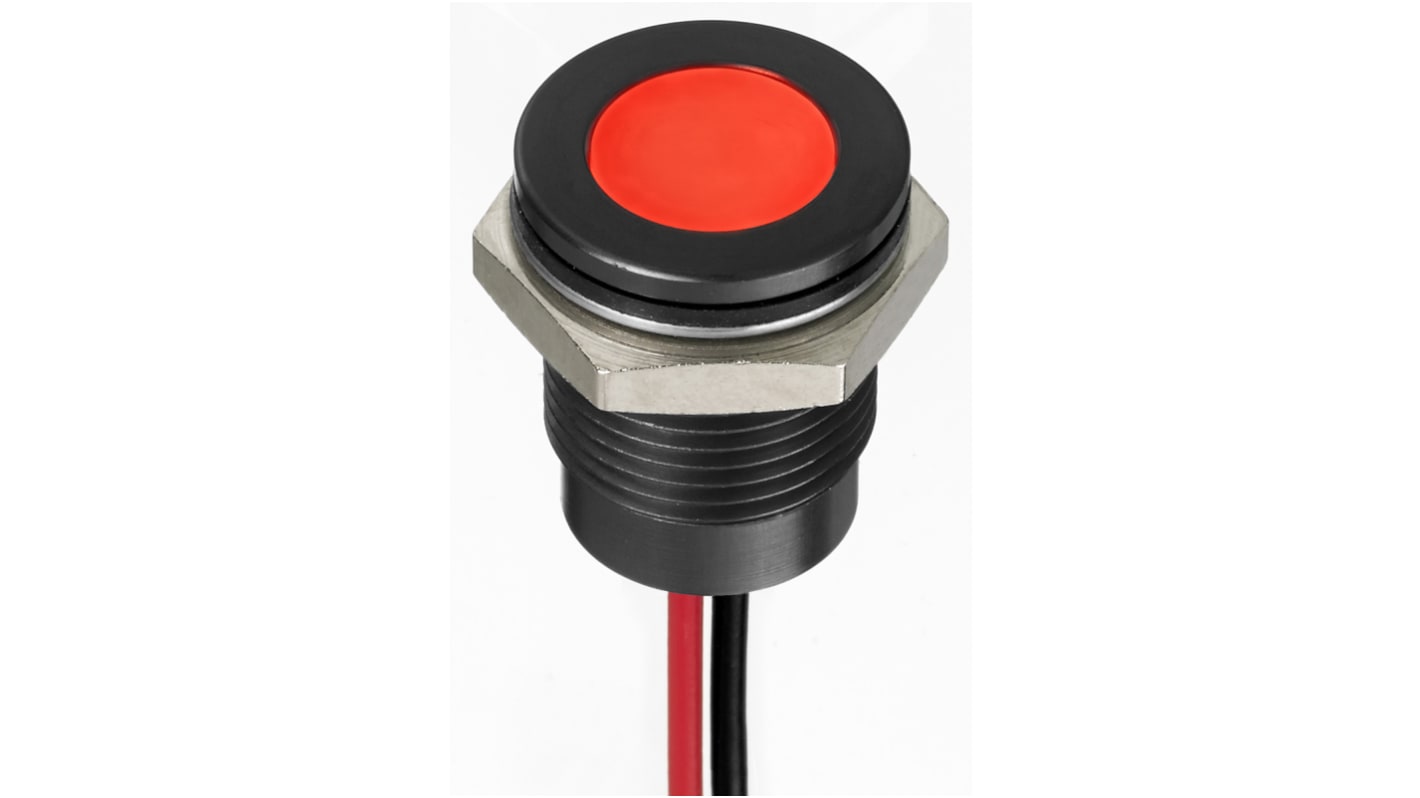 RS PRO Red Panel Mount Indicator, 1.8 → 3.3V dc, 14mm Mounting Hole Size, Lead Wires Termination, IP67