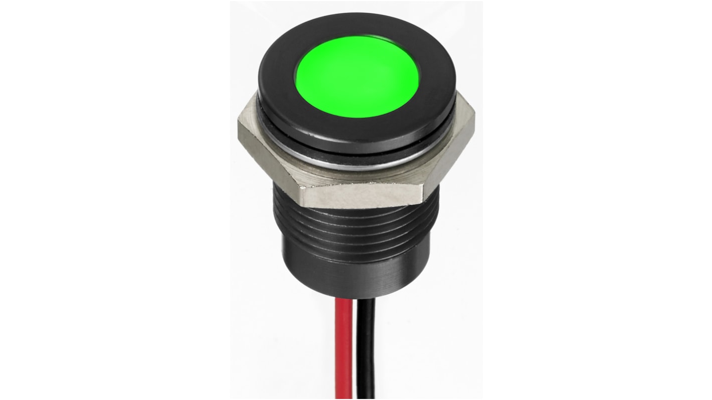 RS PRO Green Panel Mount Indicator, 1.8 → 3.3V dc, 14mm Mounting Hole Size, Lead Wires Termination, IP67