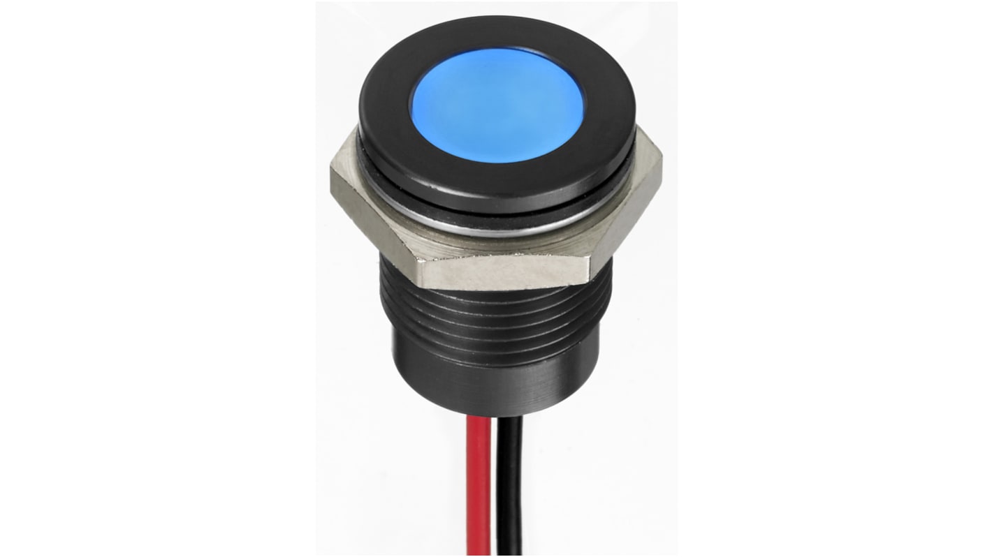 Indicador LED RS PRO, Azul, lente enrasada, Ø montaje 14mm, 1.8 → 3.3V dc, 20mA, 100mcd, IP67