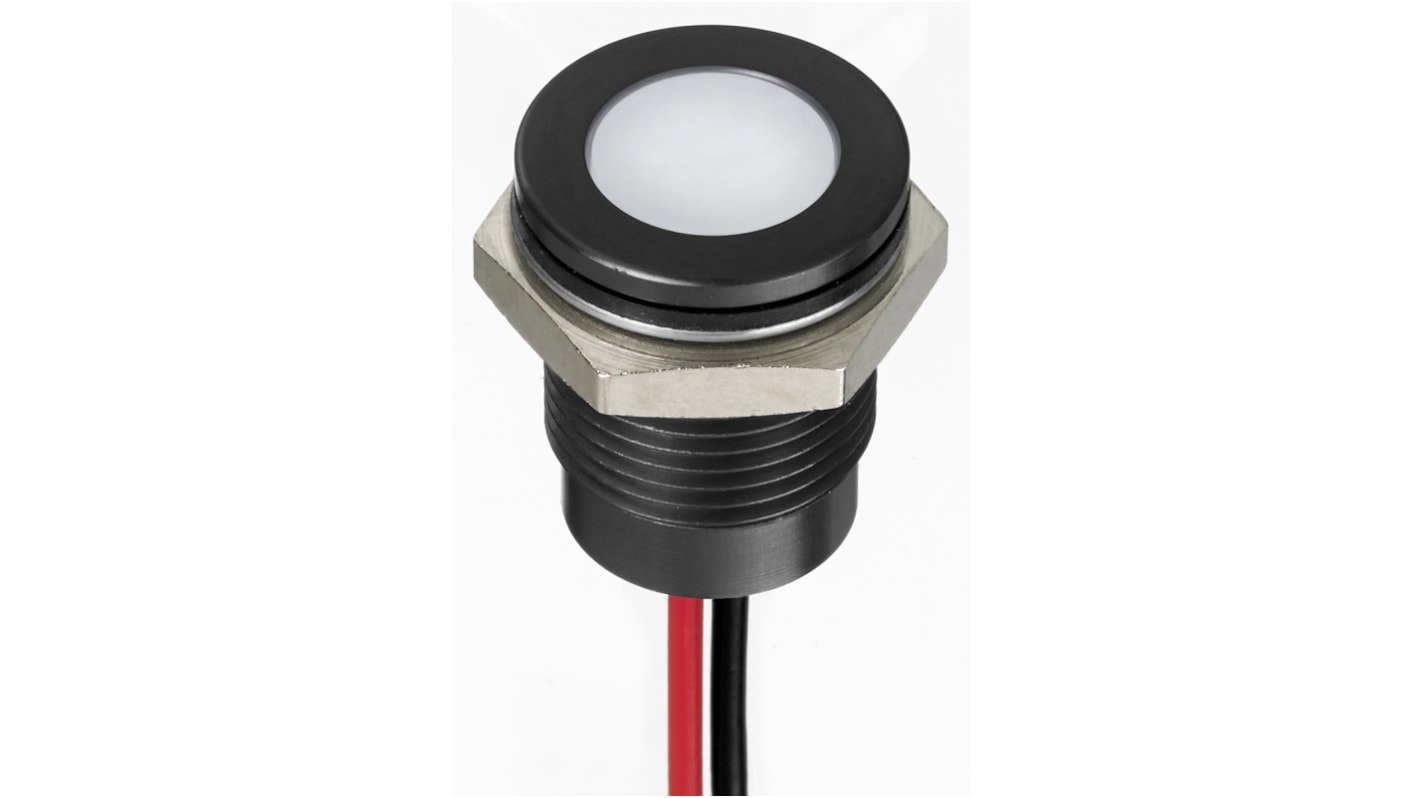 Indicador LED RS PRO, Blanco, lente enrasada, Ø montaje 14mm, 24V dc, 20mA, 150mcd, IP67