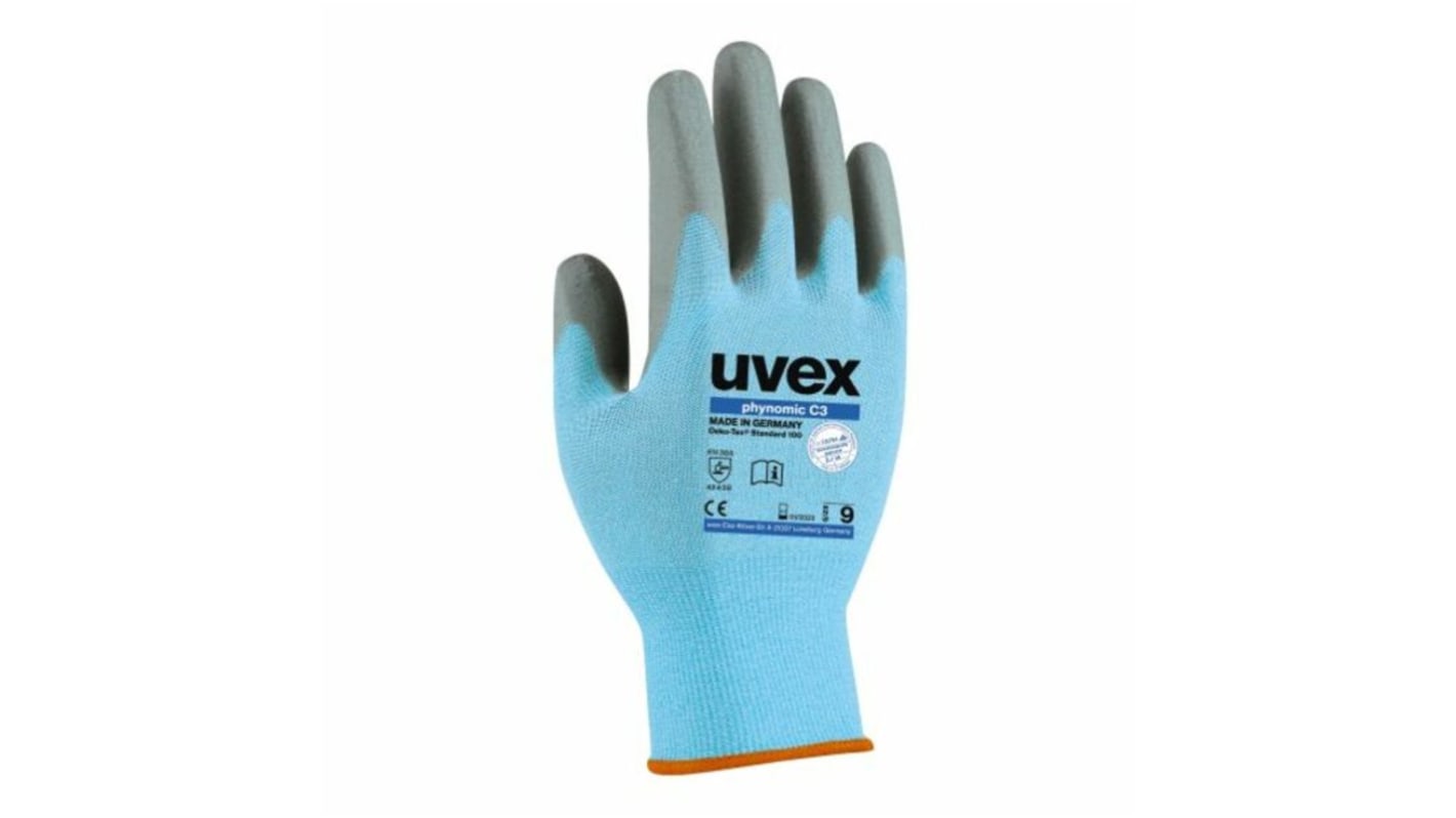 Uvex Phynomic C3 Blue Elastane Cut Resistant Work Gloves, Size 6, Aqua-Polymer Foam Coating
